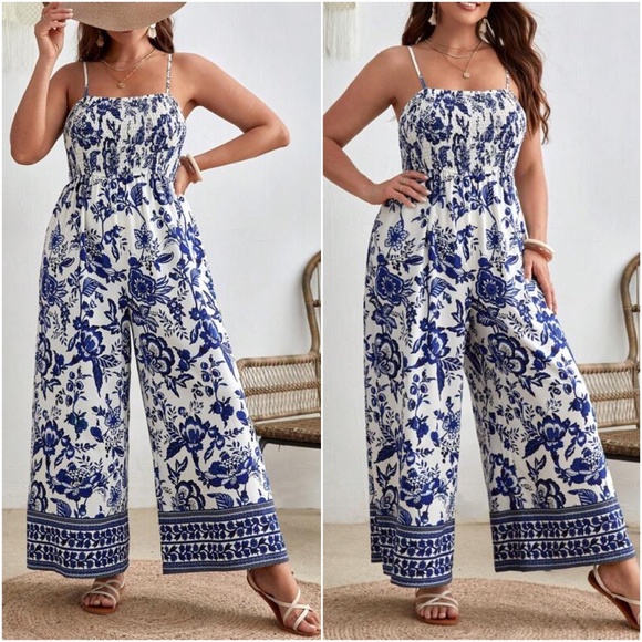 Plus Floral Print Smocked Wide leg Cami Jumpsuit - Picture 1 of 3